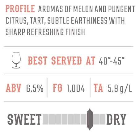 Sweet dry profile aromas Oregon Blackberry & pungent citrus tart subtle earthiness with sharp refreshing finish.