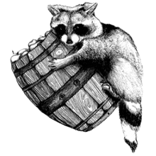 A black and white drawing of a raccoon sitting on a barrel.